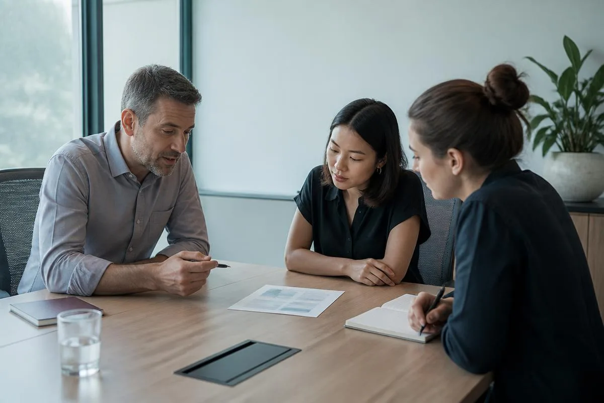 Three colleagues around a table reviewing a printed team report